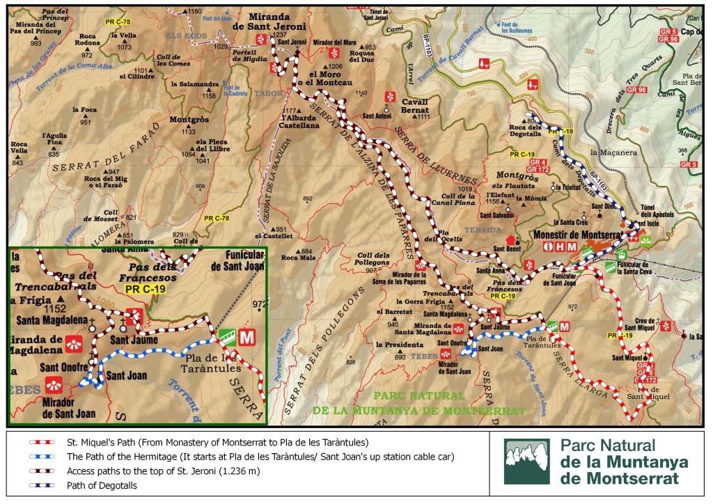 Detailed hiking trail map of Montserrat mountain area in Catalunya, Spain, showing routes, landmarks, and elevation for outdoor enthusiasts