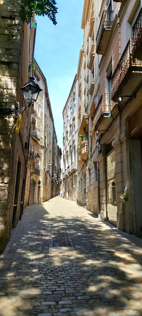 Medieval stone alley in Girona, lined with ancient buildings and evoking the charm of the old town