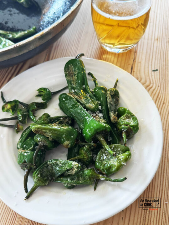 Blistered green Padrón peppers sprinkled with coarse sea salt