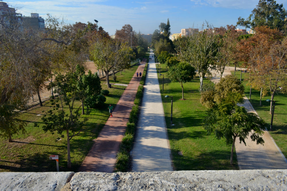 Evening view of Turia Gardens in Valencia, with soft lighting and peaceful pathways