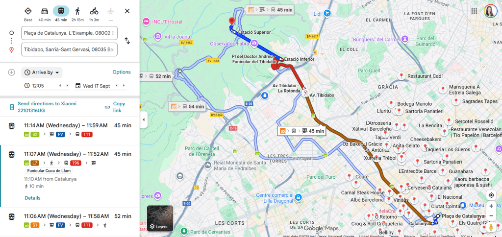 Google Maps screenshot showing the route from Plaça de Catalunya in central Barcelona to Tibidabo hill.