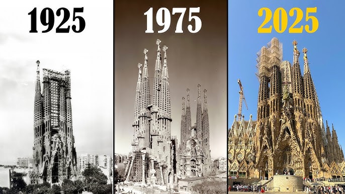 Collage of images showing the Sagrada Familia at various stages of construction over different years, illustrating its evolving architecture