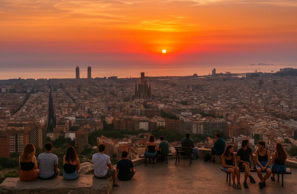 Panoramic view from the Bunkers del Carmel overlooking Barcelona with the city skyline and sea in the distance at sunset.