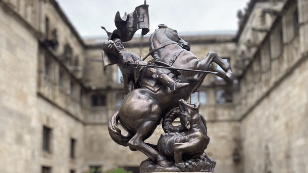 Font de Sant Jordi decorative fountain in Barcelona with Saint George slaying dragon sculpture