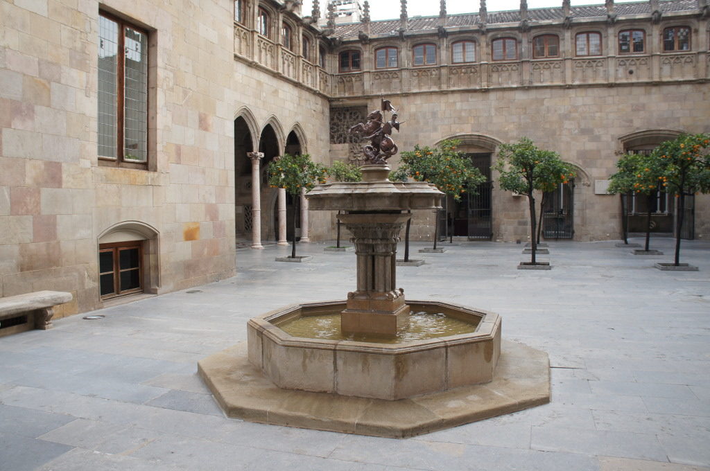 Font de Sant Jordi decorative fountain in Barcelona with Saint George slaying dragon sculpture