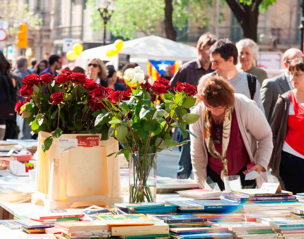 Book stalls lining the streets of Barcelona on Sant Jordi’s Day.