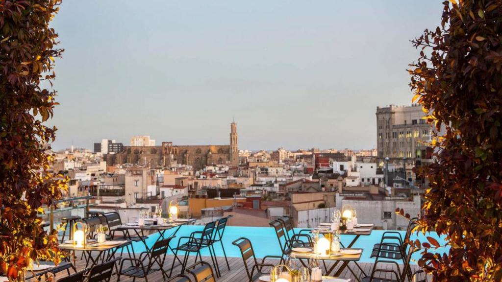 Rooftop bar at W Barcelona with sea and city views at sunset