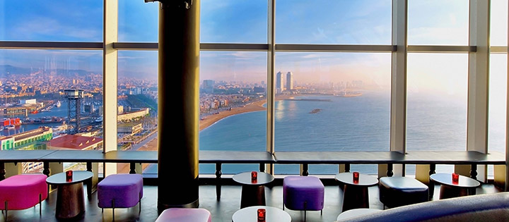 Rooftop bar at W Barcelona with sea and city views at sunset