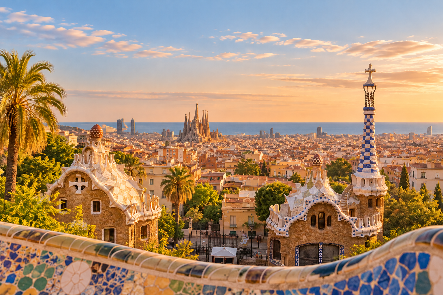 Barcelona skyline from Park Güell at sunset